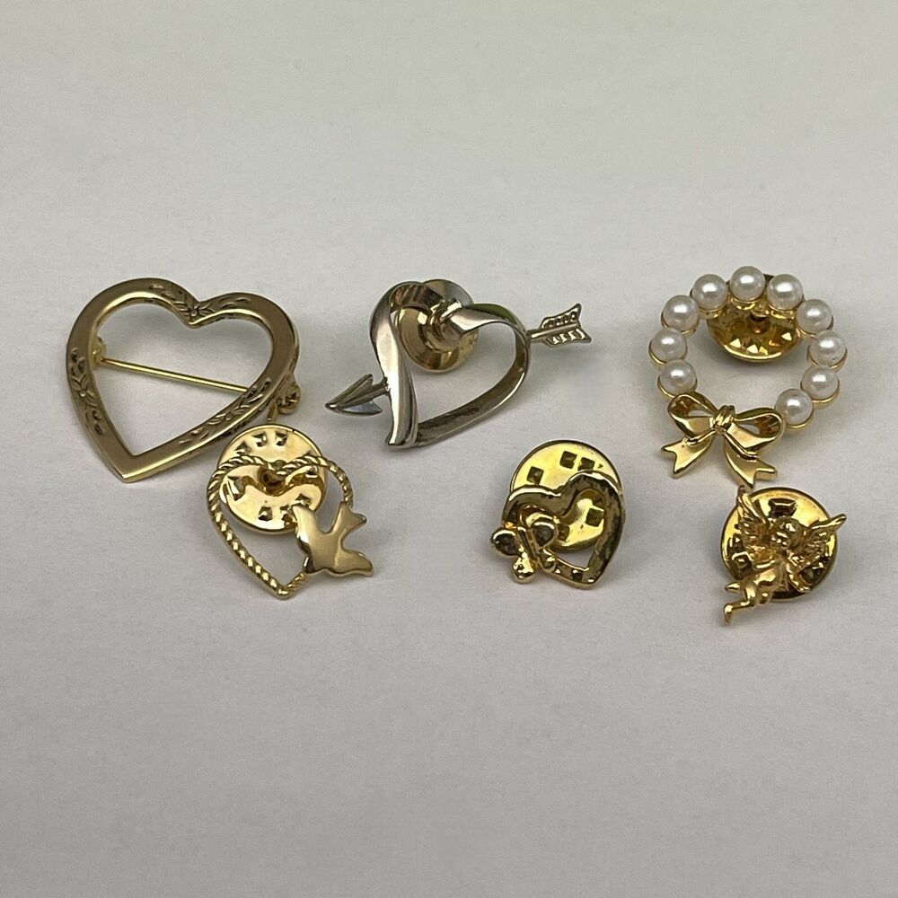 Avon Gold-tone Hearts Angel Dove Wreath Faux Pearls Brooches Pins Lot of 6